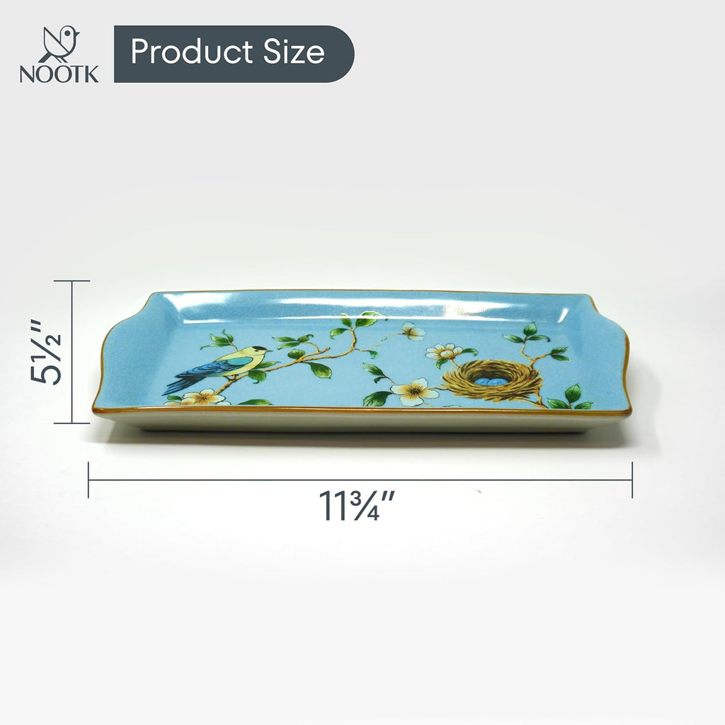6-Piece Ceramic Bathroom Accessories Set with Small Tray, Vintage Floral Design Countertop Organizer with Soap Dispenser, Toothbrush Holder, Rinse Cup, Qtip Holder & Soap Dish, DarkBlue
