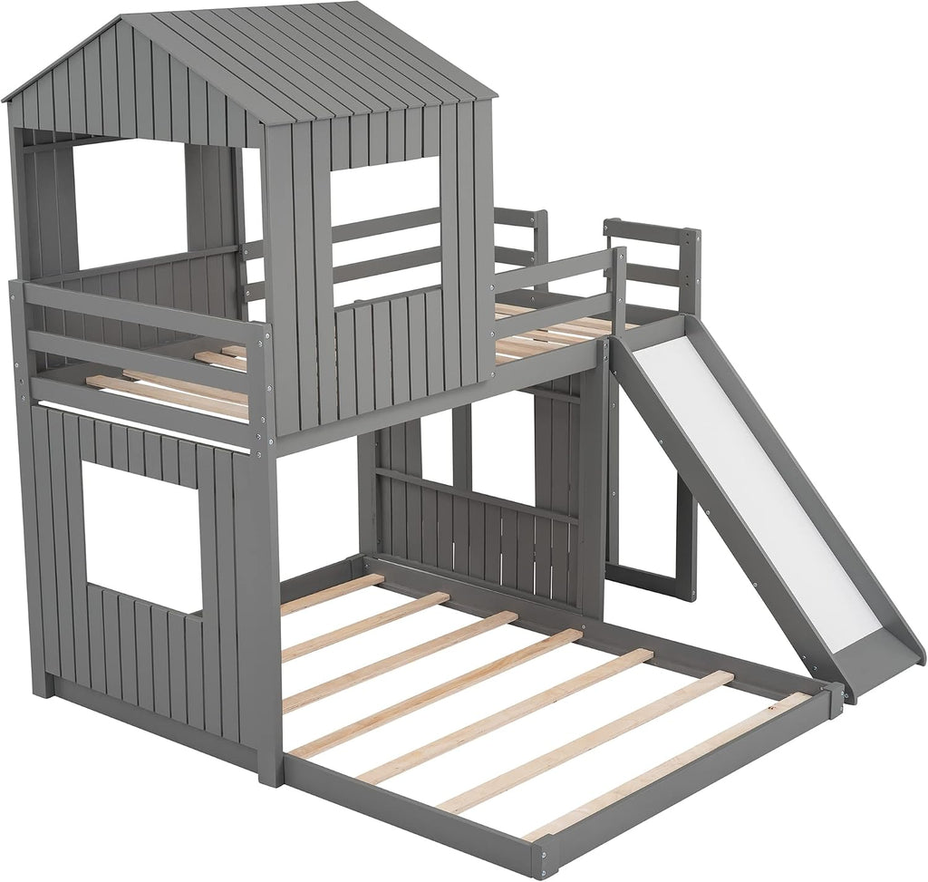 MERITLINE House Bed Bunk Beds with Slide Twin Over Full Size Bunk Bed Frame with Slide,Wooden Playhouse - Design Slide Bunk Beds Twin Over Full Bunk for Boys and Girls