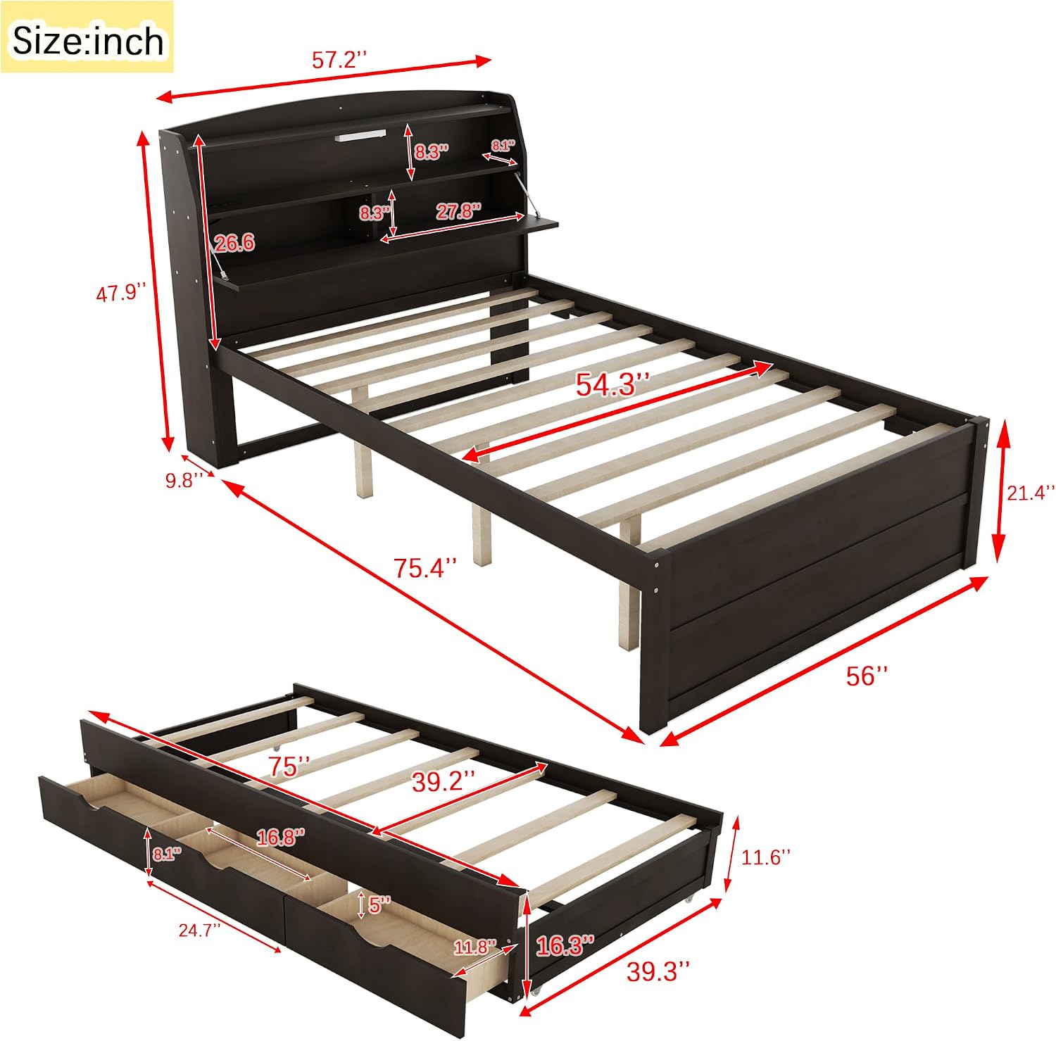 Multi-Function Full Size Platform Bed with Trundle and 3 Drawers, Wood Captain Platform Bed Frame with Storage Headboard and Night Light, Maximized Space (Brown-D1, Full)