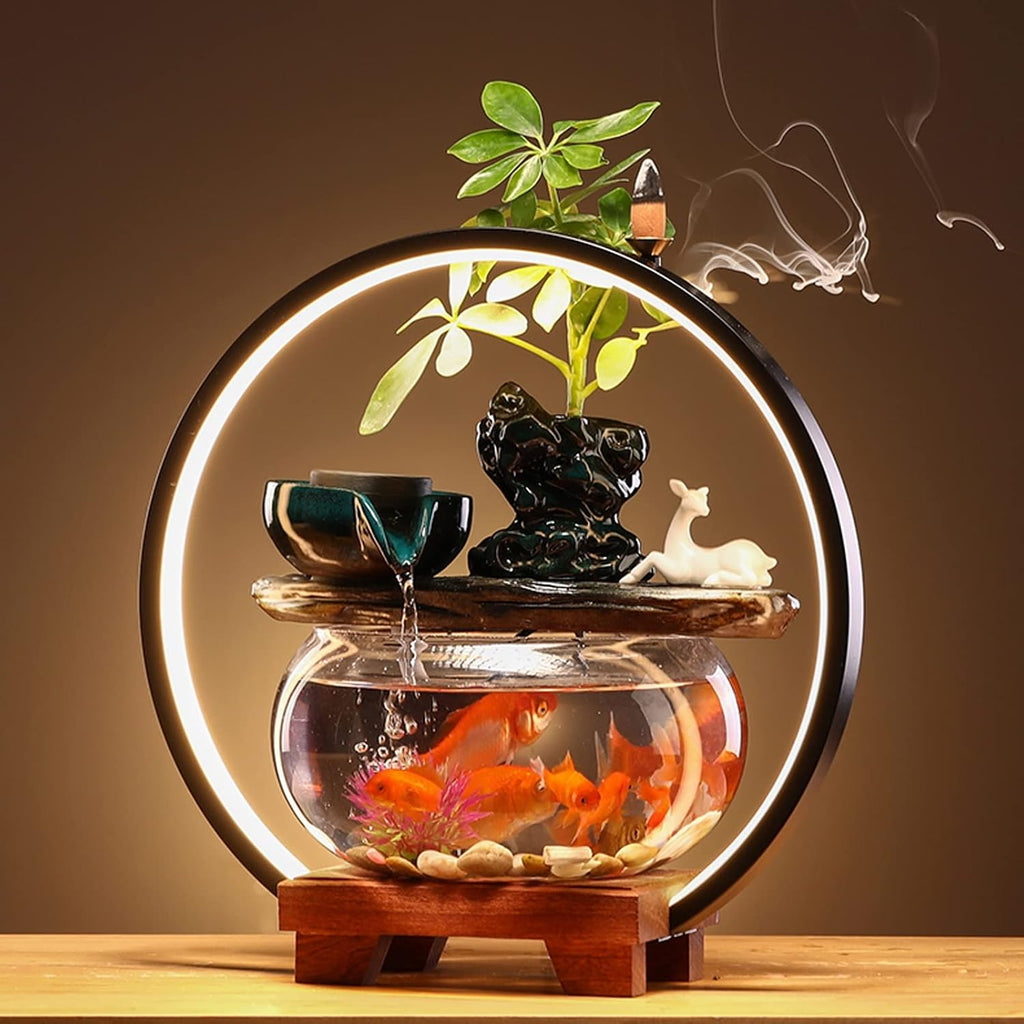 HIHELO Desktop Fountain Indoor Relax Tabletop Fountain with Glass Fish Tank, Wooden Base and LED Lights, Indoor Zen Tabletop Relax Water Feature Water Fountain Outdoor (Color : A)
