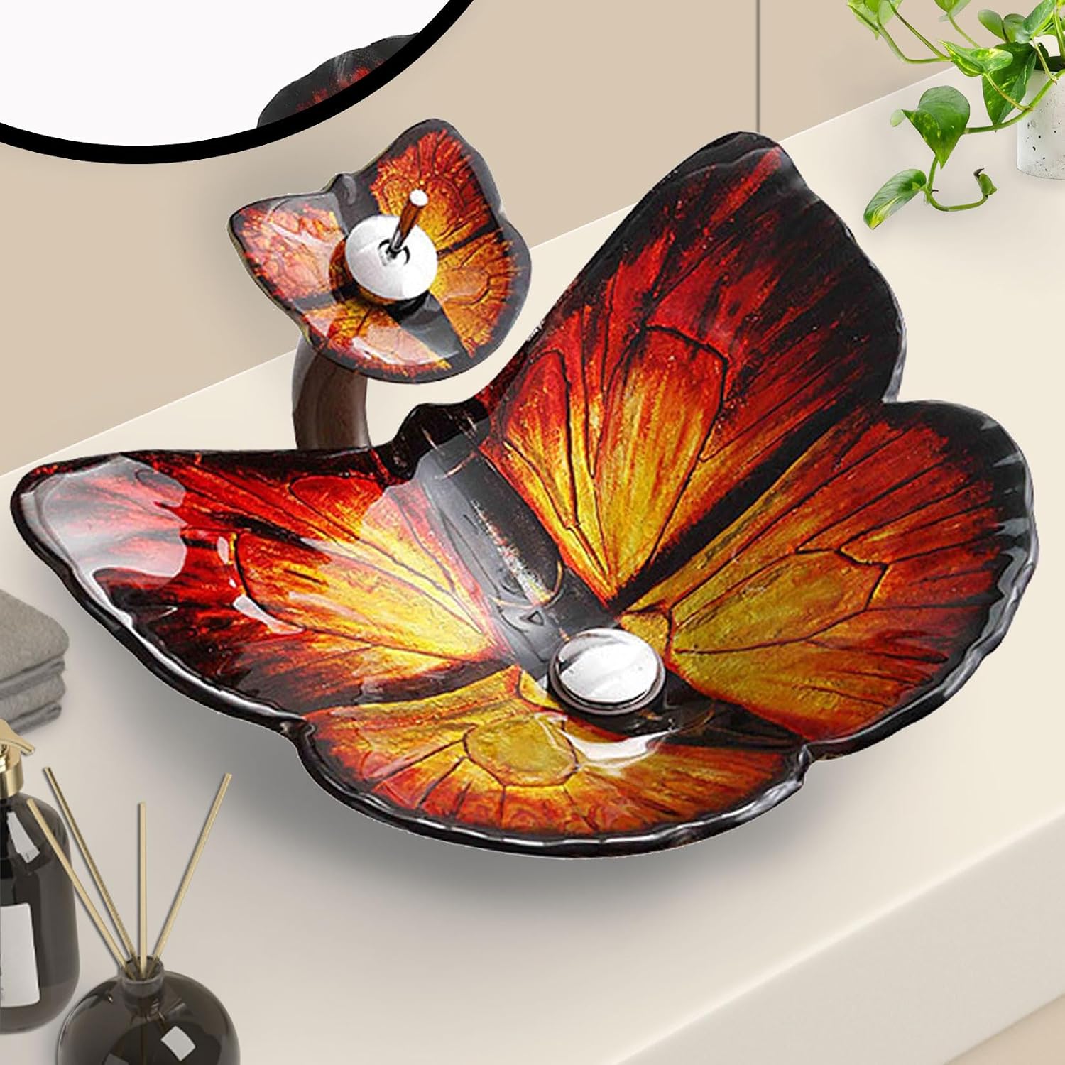 Bathroom Vessel Sink Butterfly Shape Tempered Glass Vessel - Above Counter Bathroom Basin and Waterfall Faucet Chrome, Pop-up Drain, Mounting Ring,Brown