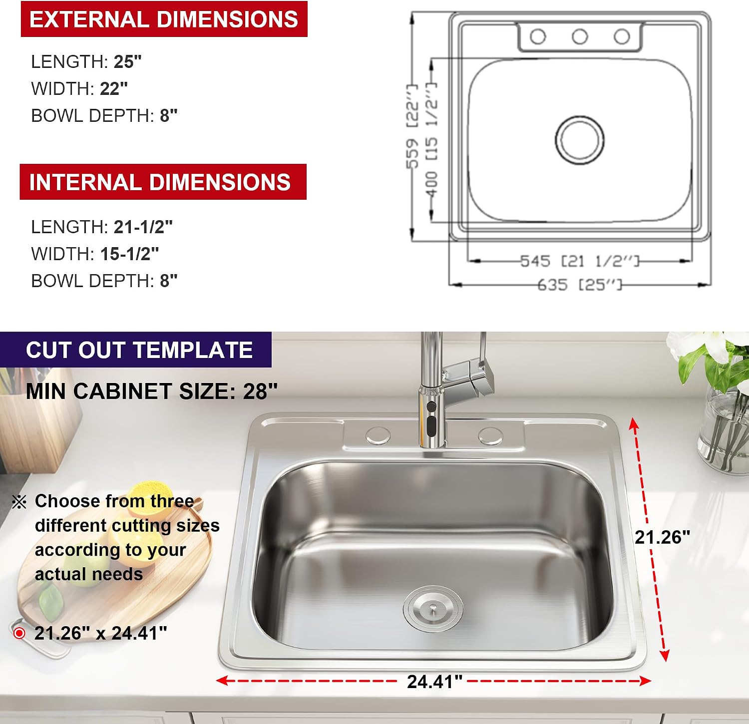 25x22 Drop In Kitchen Sink, 25 Inch Topmount 18 Gauge Stainless Steel Single Bowl Sinks, Three Holes with Strainer 25' x 22' x 8'