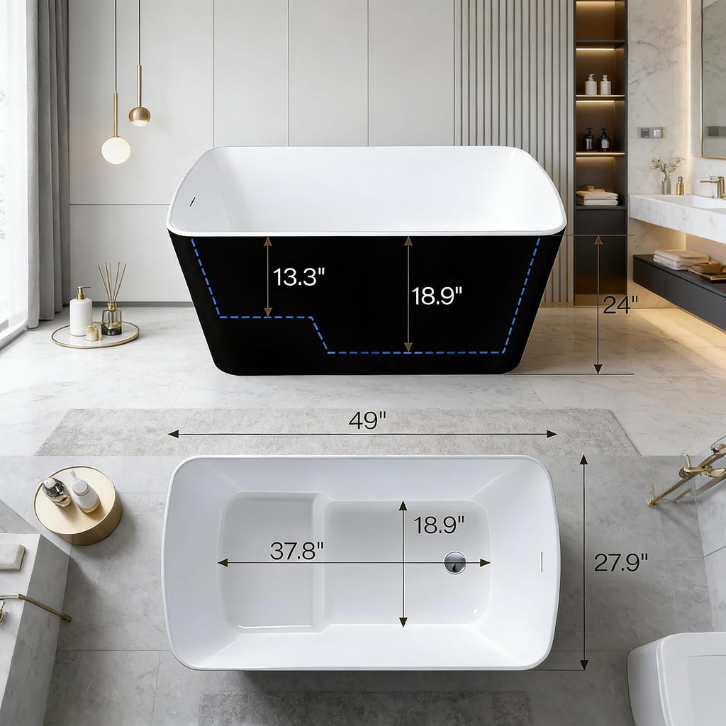 49'Acrylic Freestanding Soaking Bathtub, Deep Ergonomic Design, cUPC Certified Bath Tub, Double-Walled Insulation, Matte Drain & Overflow, Easy Install, Modern Bathroom Tub, Black Outside, Black