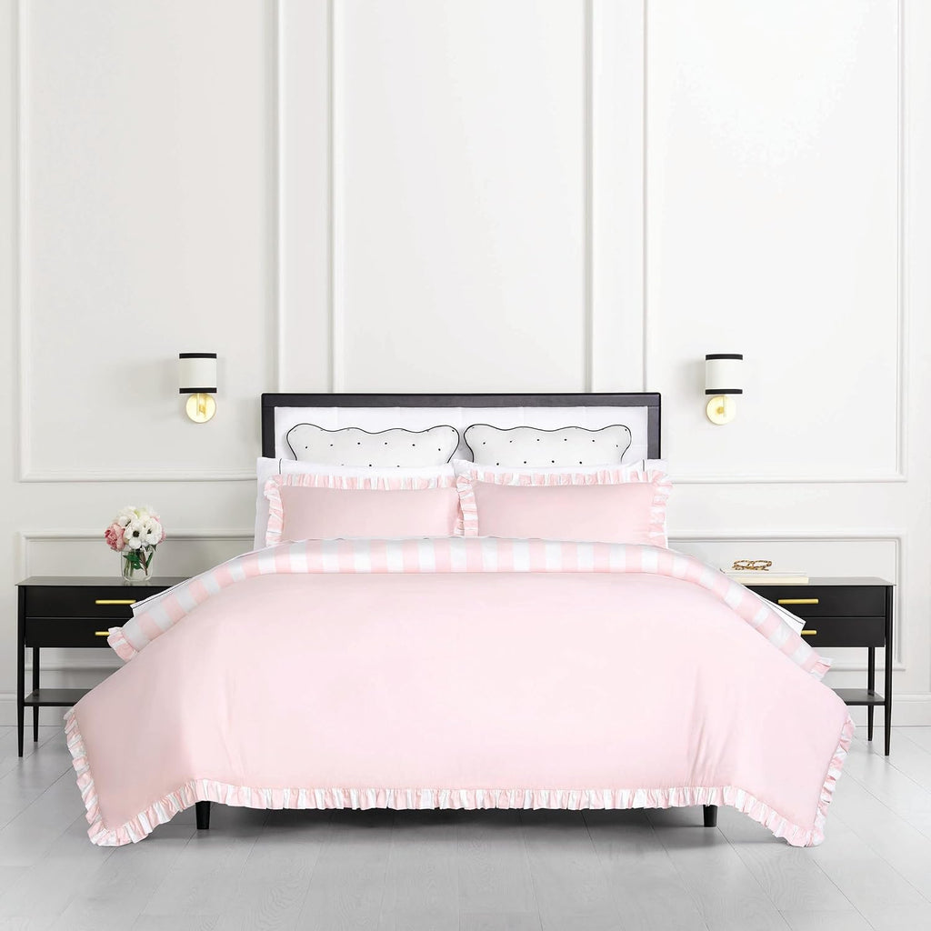 kate spade new york Sateen Ruffle King Comforter Set, 300 Thread Count Cotton Sateen Reversible Cover, All Season 3 Piece Bedding, Machine Washable, Pink
