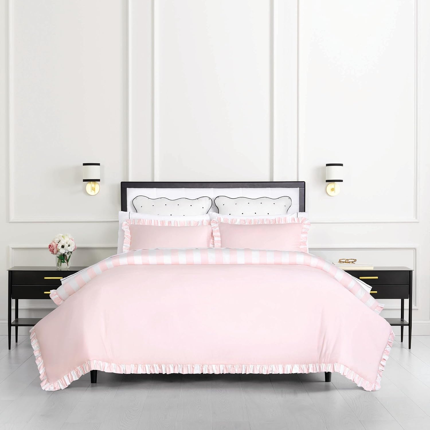 kate spade new york Sateen Ruffle King Comforter Set, 300 Thread Count Cotton Sateen Reversible Cover, All Season 3 Piece Bedding, Machine Washable, Pink