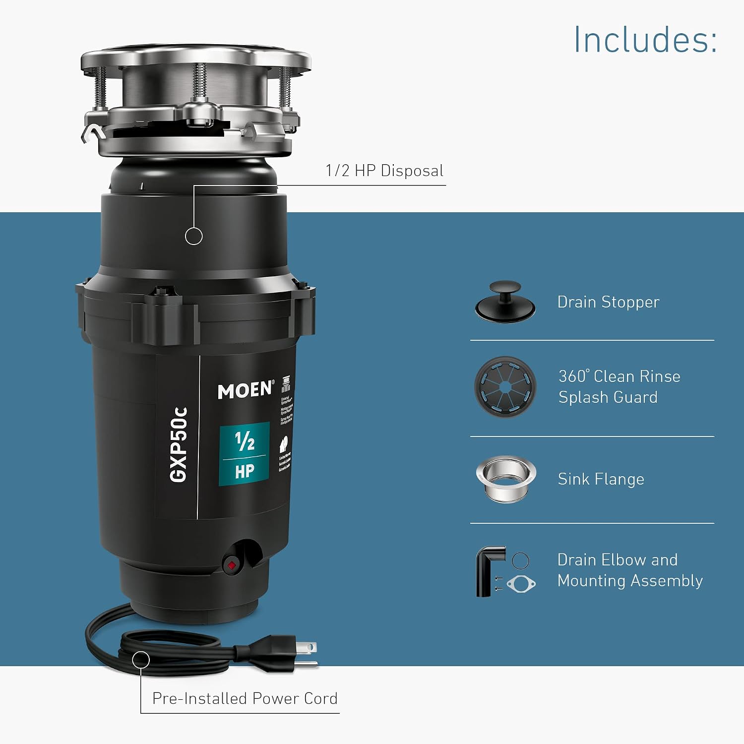 Moen Prep Series PRO 1/2 HP Continuous Feed Compact Garbage Disposal, Power Cord Included, GXP50C (Pack of 2)
