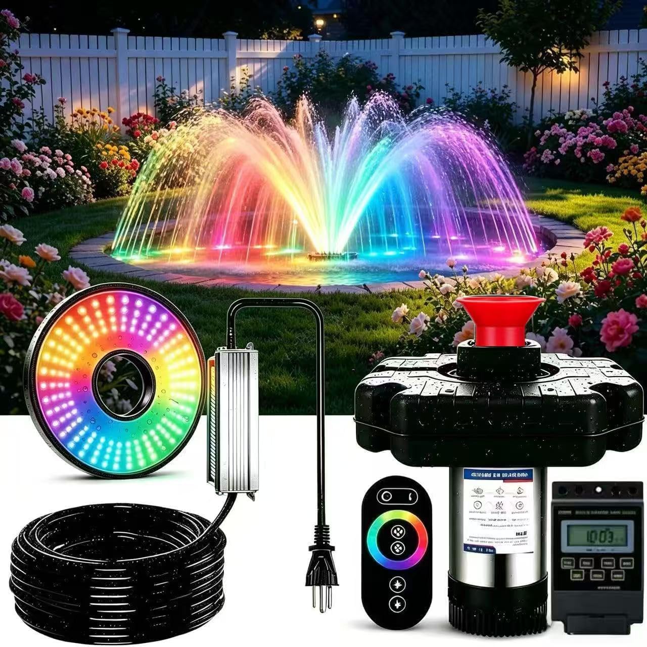 Pond Fountain Aerator,pond aerator,with Dynamic LED RGB Lighting Adjustable Modes, Digital Timer | 1 HP 15,000 GPH, 750W 110V, 100FT Cord - for Large Ponds, Lakes & Outdoor Water Features