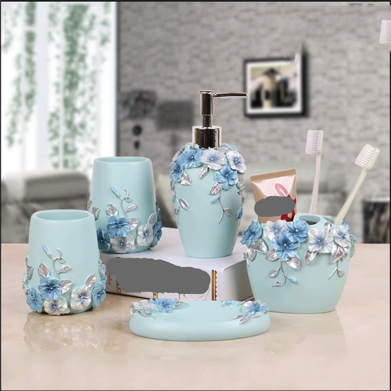 Countertop Organizer for Bathroom 6pcs/Set Liquid Dispenser Bathroom Accessories Set Resin Toothbrush Holder Soap Dish Home Decor(Blue)
