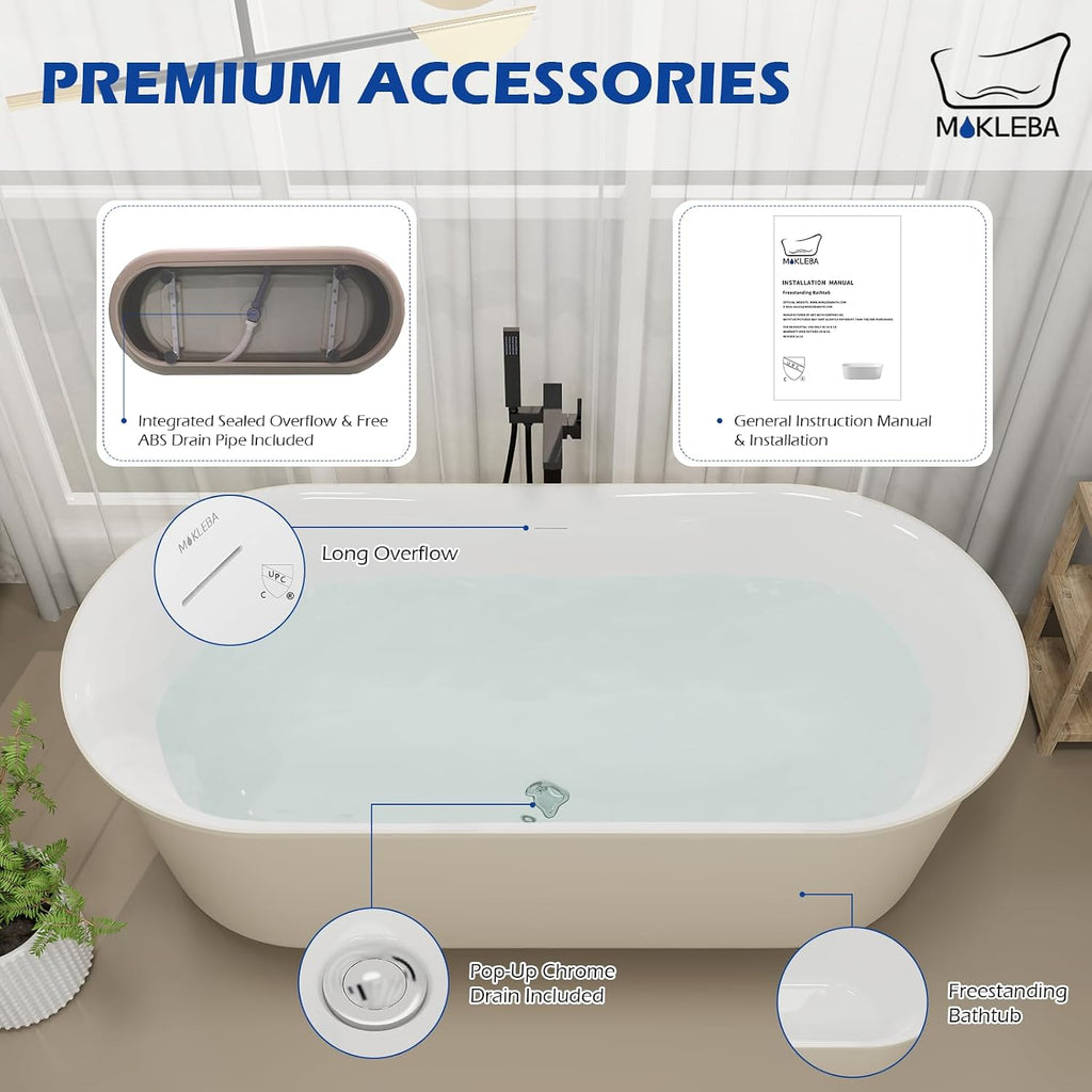 59' Solid Surface Resin Freestanding Bathtub, Double Ended Shape, Modern Deep Stone Resin Soaking Bathtub with Integrated Slotted Overflow, Toe-Tap Chrome Drain, cUPC Certified, Khaki
