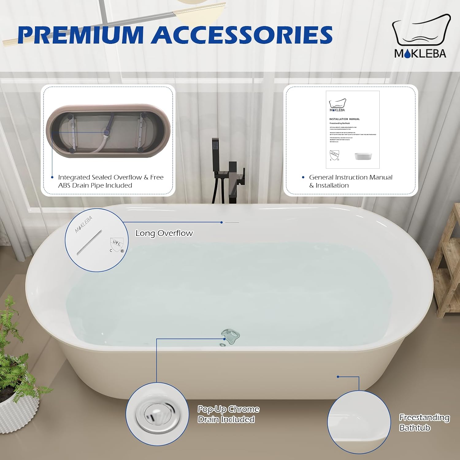 59' Solid Surface Resin Freestanding Bathtub, Double Ended Shape, Modern Deep Stone Resin Soaking Bathtub with Integrated Slotted Overflow, Toe-Tap Chrome Drain, cUPC Certified, Khaki