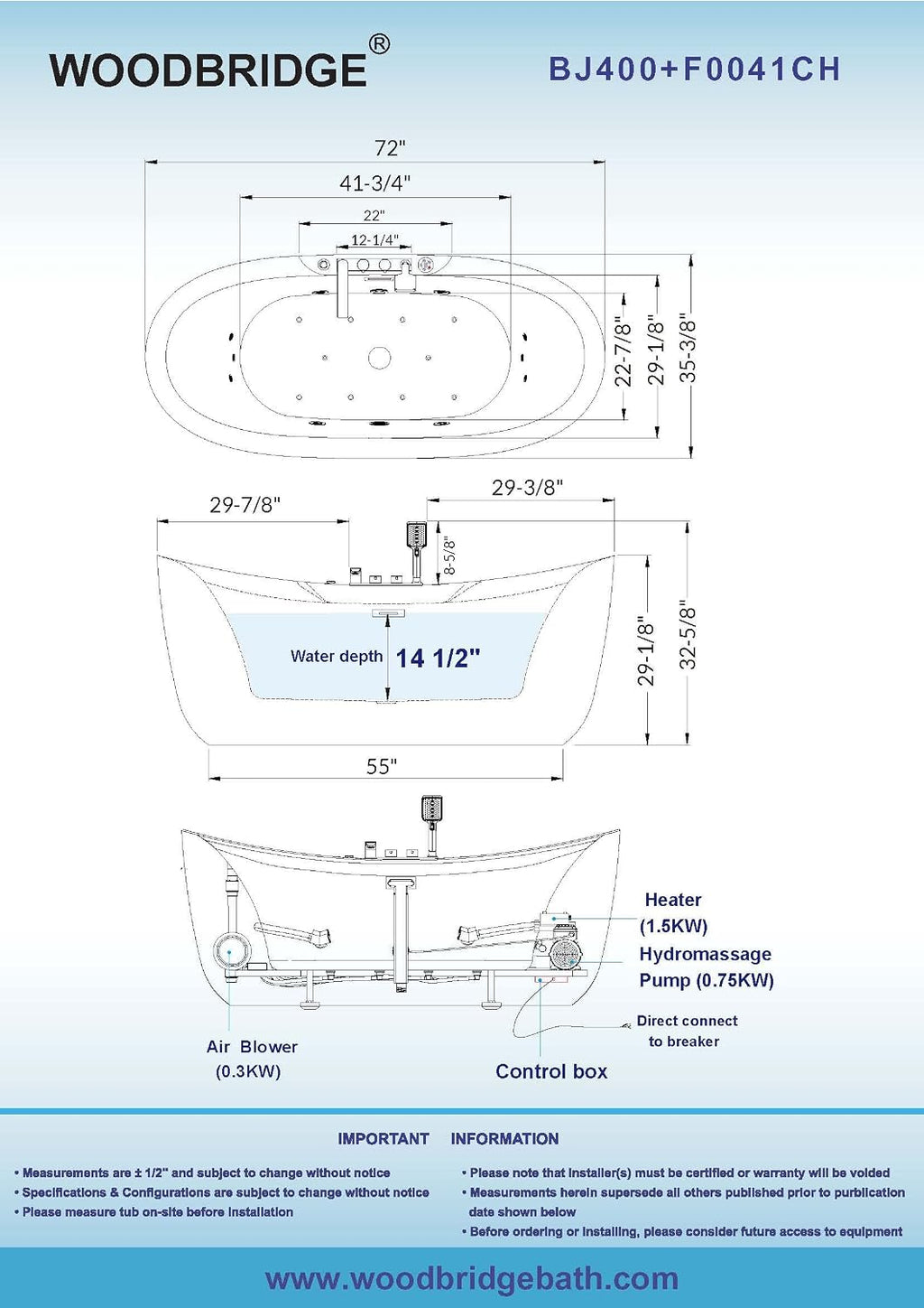 WOODBRIDGE 72' x 35-3/8' Whirlpool Water Jetted and Air Bubble Freestanding Heated Soaking Combination Bathtub wirh LED control panel and Faucet, BJ400+F0041CH