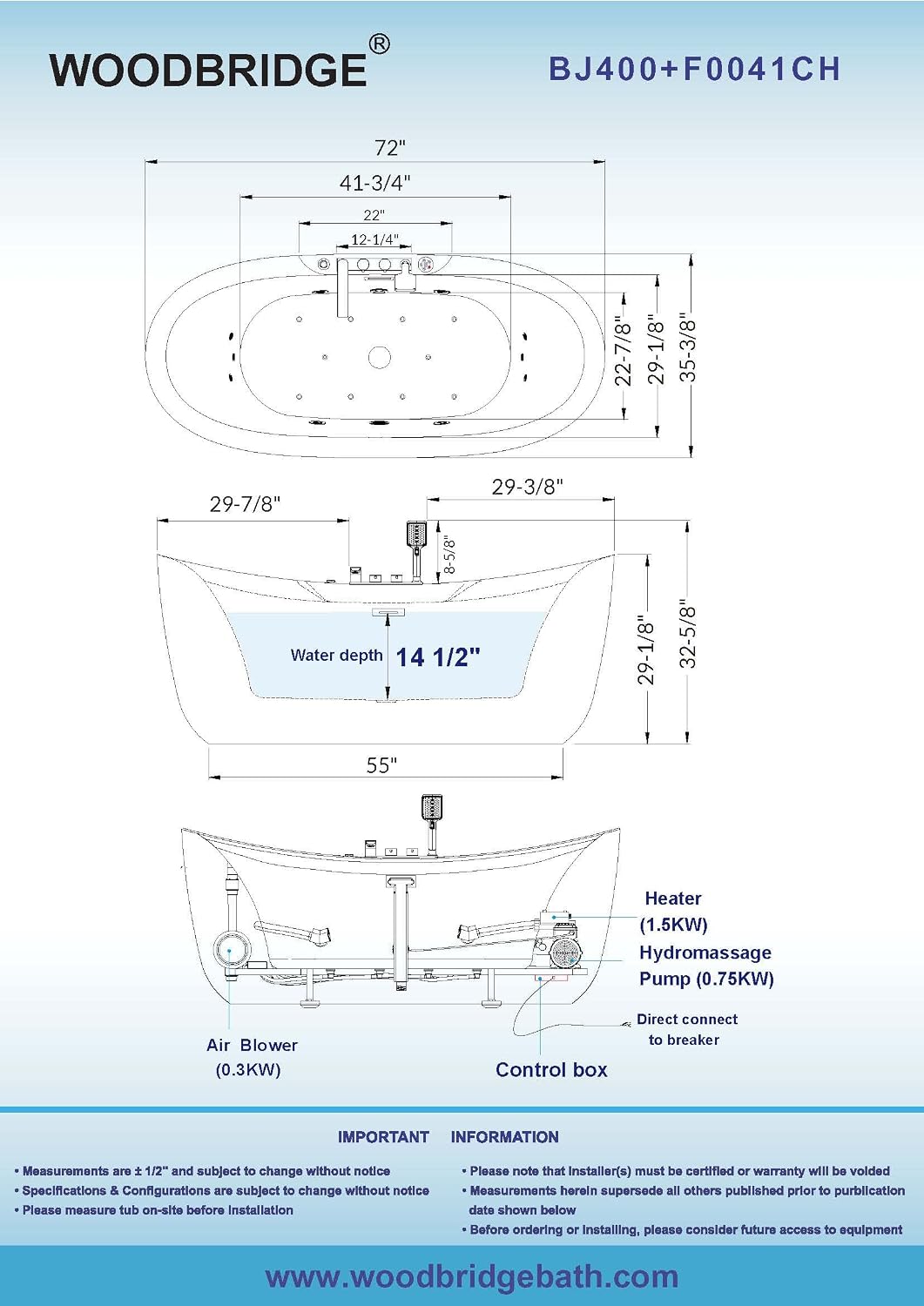WOODBRIDGE 72' x 35-3/8' Whirlpool Water Jetted and Air Bubble Freestanding Heated Soaking Combination Bathtub wirh LED control panel and Faucet, BJ400+F0041CH