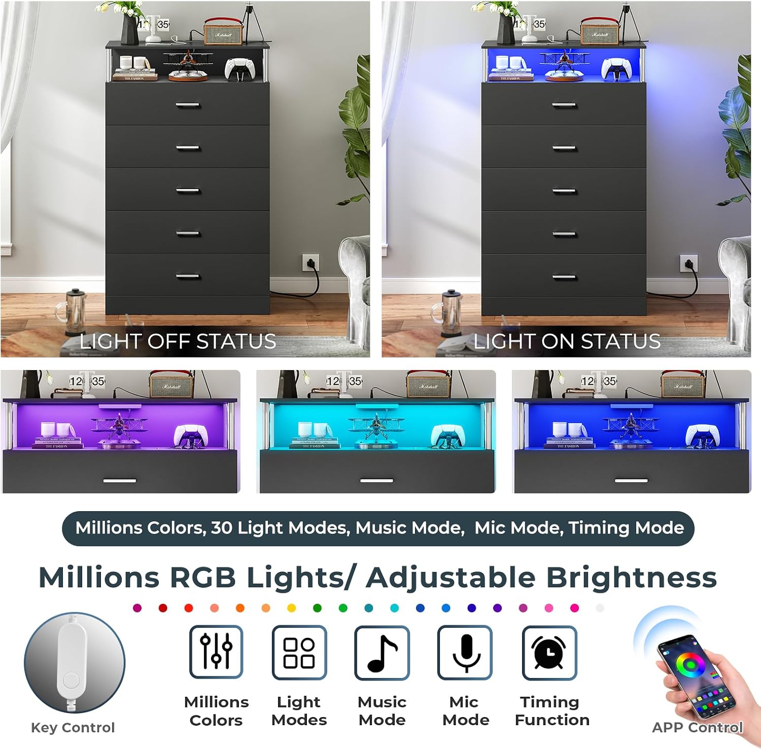 AOGLLATI Black Dresser for Bedroom with Column Design & Charging Station, Led 5 Drawers Tall Dresser for Bedroom,Black