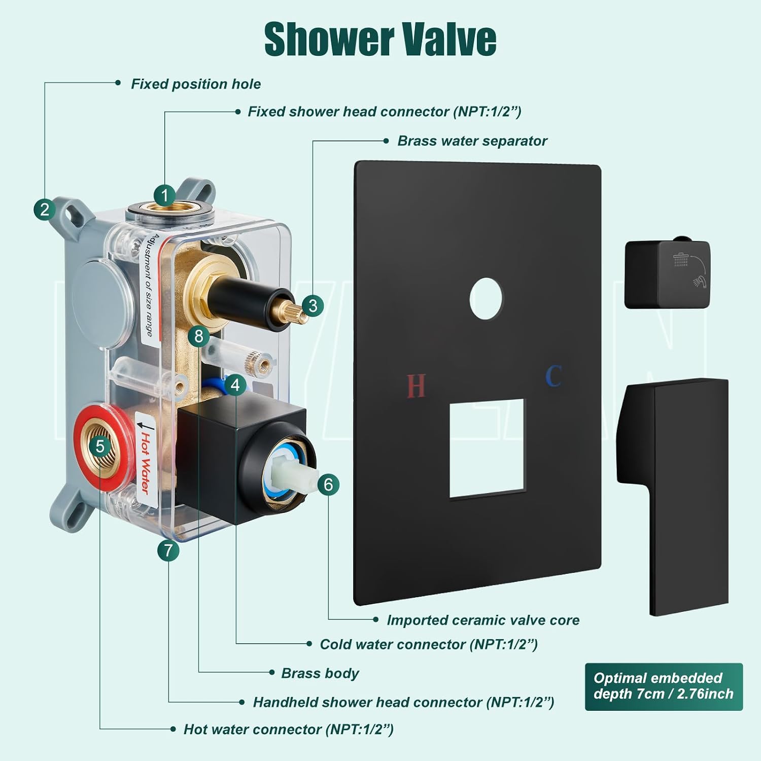 Heyalan Shower System Square Rain Shower System Head Shower Faucet Fixture 2 in 1 Handheld Shower Sprayer Rough in Valve Wall Mount Bathroom Rainfall Combo Set High Pressure,12 Inch,Matte Black