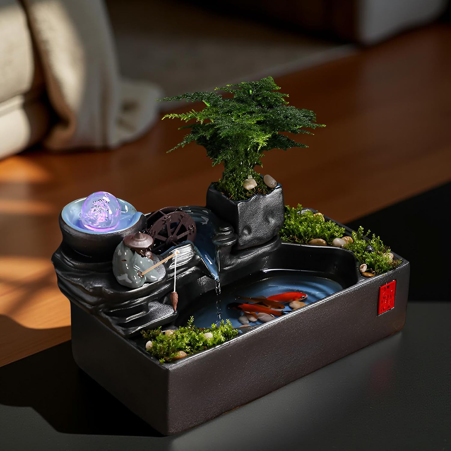 Zen Tabletop Fountain with LED Lights & Mist Maker - Indoor Waterfall Decor with Crystal Stones for Home, Office, Meditation Room - Relaxing Desktop Humidifier Gift (C Style)(C Style+Misting)