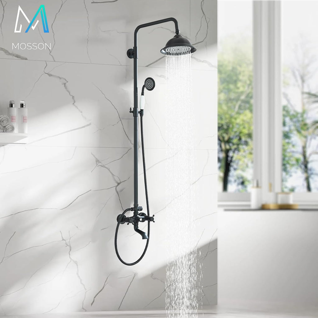Shower System Matte Black Outdoor Shower Fixtures with 8 Inch Shower Head Handheld Spray and Tub Spout 2 Cross Handles Wall Mounted Shower Faucet Set for Bathroom or Backyard
