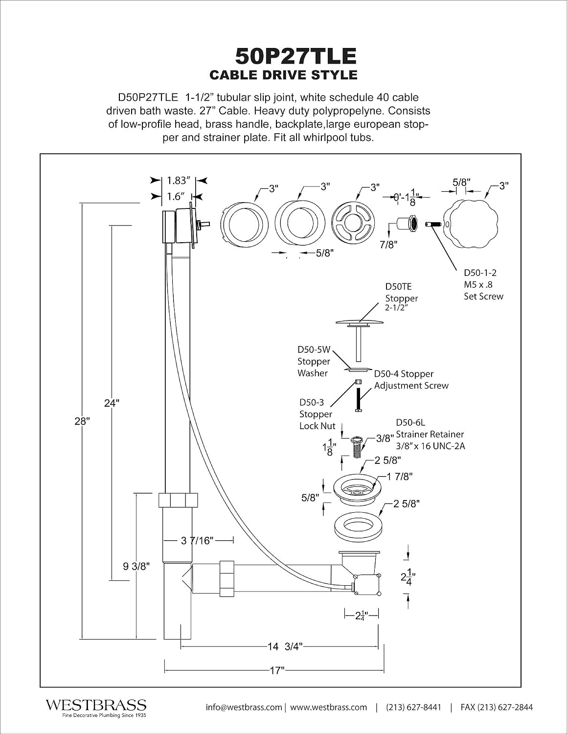 Westbrass A50P27TLE-12A 27' Cable Drive Bath Drain Trim Kit with Rotary Overflow Cover Knob, European Stopper and Poly Tubular Pipes, Antique Bronze