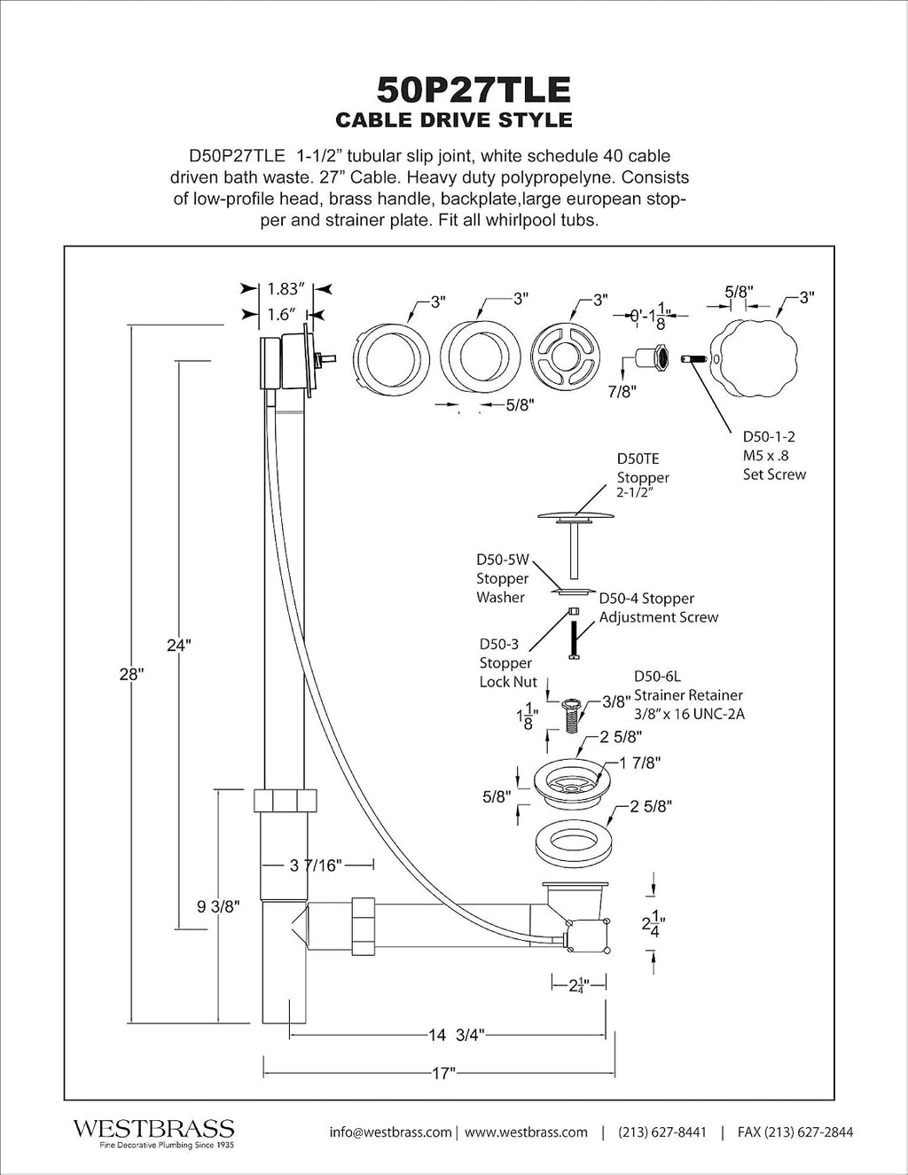 Westbrass A50P27TLE-18 27' Cable Drive Bath Drain Trim Kit with Rotary Overflow Cover Knob, European Stopper and Poly Tubular Pipes, Brushed Bronze