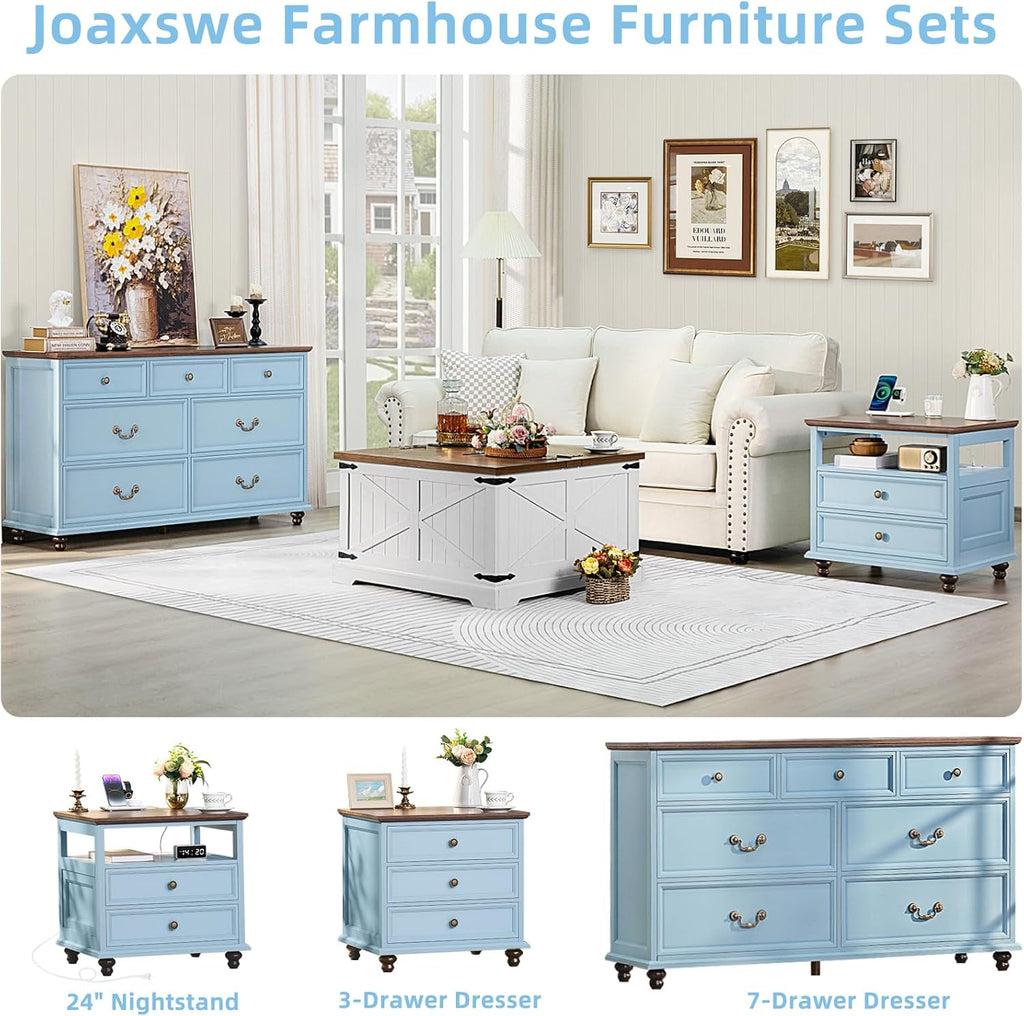 Joaxswe Farmhouse Dresser and Nightstand Sets 3 Piece, Nightstands Set of 2 and 7 Drawers Dressers for Bedroom, 54' Wide Dresser and 24' Inch Night Stand Set for Bedroom, Living Room, Hallway