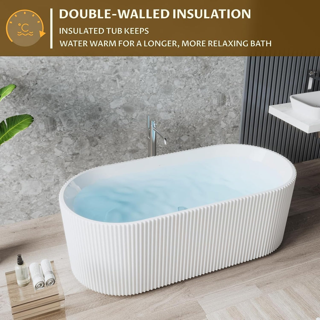 67'' Freestanding Bathtub, Deep Soaking Tub, Non-Slip Base, Acrylic, cUPC Certified Free Standing Tub, Chrome Drain Bath Tub, Modern Tub for Bathrooms, White