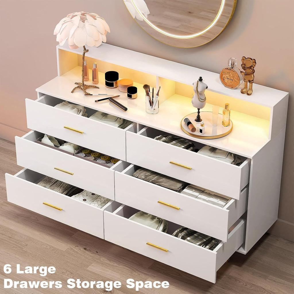 UNIQUITE 6 Drawers Dresser with LED Light and Power Outlet, Wood White Dressers for Bedroom & Chests of Drawers, Large Double Dressers for Bedroom, Entryway, Hallway