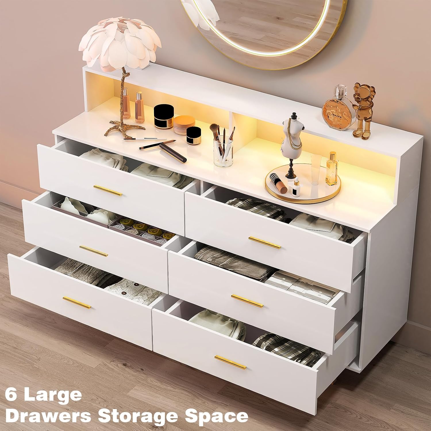 UNIQUITE 6 Drawers Dresser with LED Light and Power Outlet, Wood White Dressers for Bedroom & Chests of Drawers, Large Double Dressers for Bedroom, Entryway, Hallway