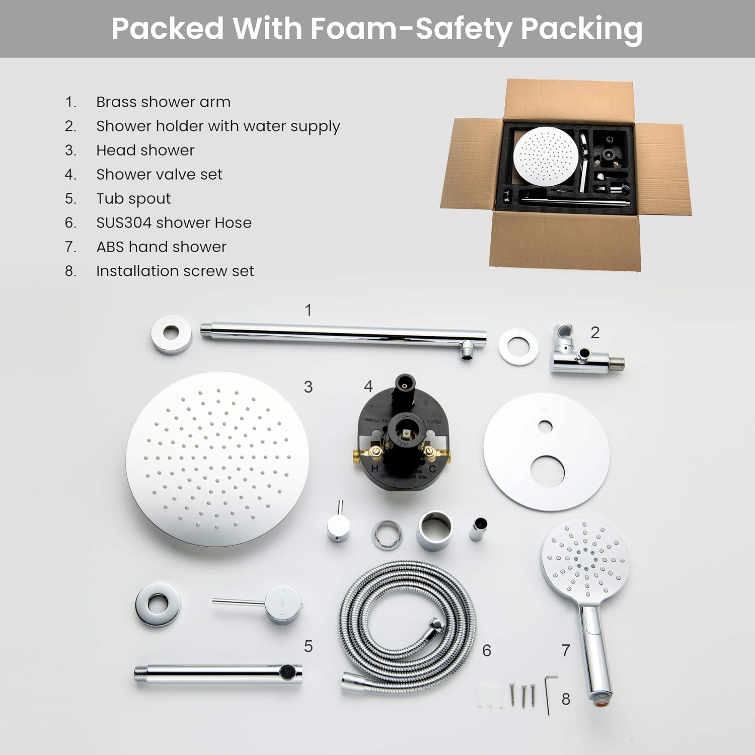 KIBI Circular Bathroom Shower System | 3-Function Wall Mounted Shower Faucet Set with Solid Brass Pressure Balanced Valve | Three Hand Shower Modes | 15-inch Long Shower Arm | Chrome Finish (KSF404)