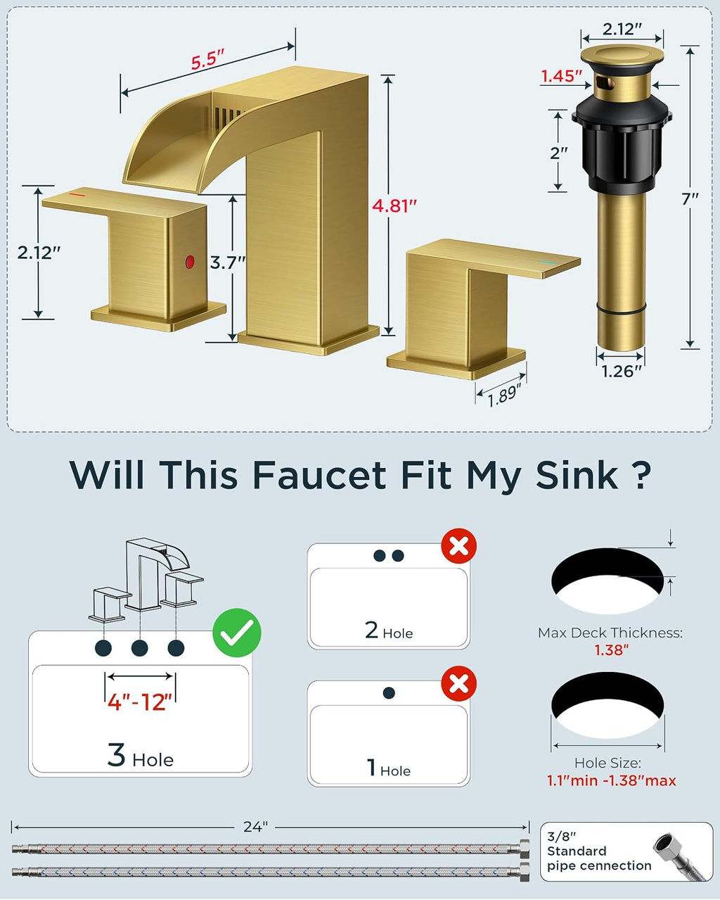 FORIOUS 2 Pack, Square Brushed Gold Bathroom Faucets 3 Hole, Waterfall 8 Inch Widespread Bathroom Sink Faucet with Metal Pop-up Drain and Supply Lines, Two Handles for Vanity, Lavatory, Restroom