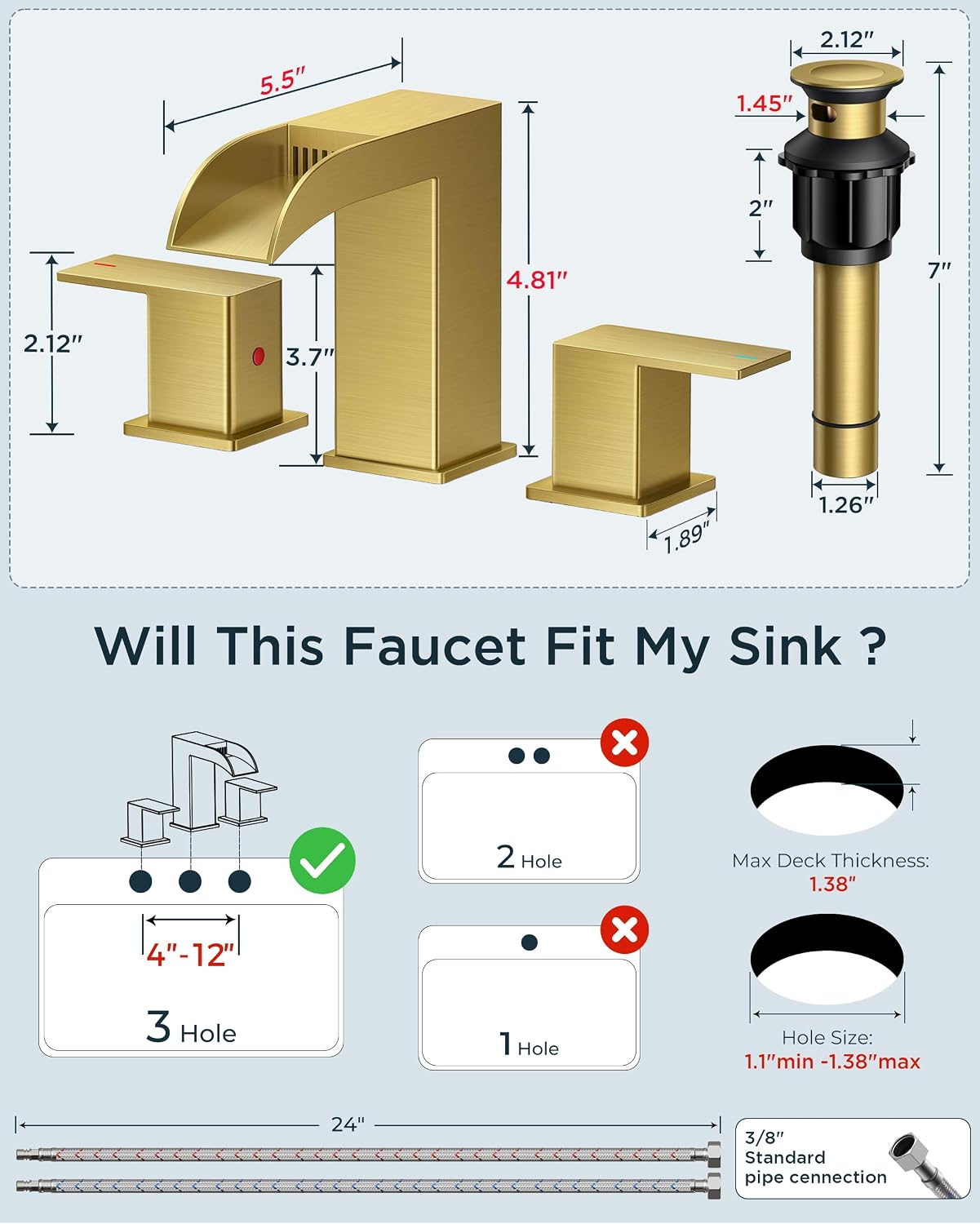 FORIOUS 2 Pack, Square Brushed Gold Bathroom Faucets 3 Hole, Waterfall 8 Inch Widespread Bathroom Sink Faucet with Metal Pop-up Drain and Supply Lines, Two Handles for Vanity, Lavatory, Restroom