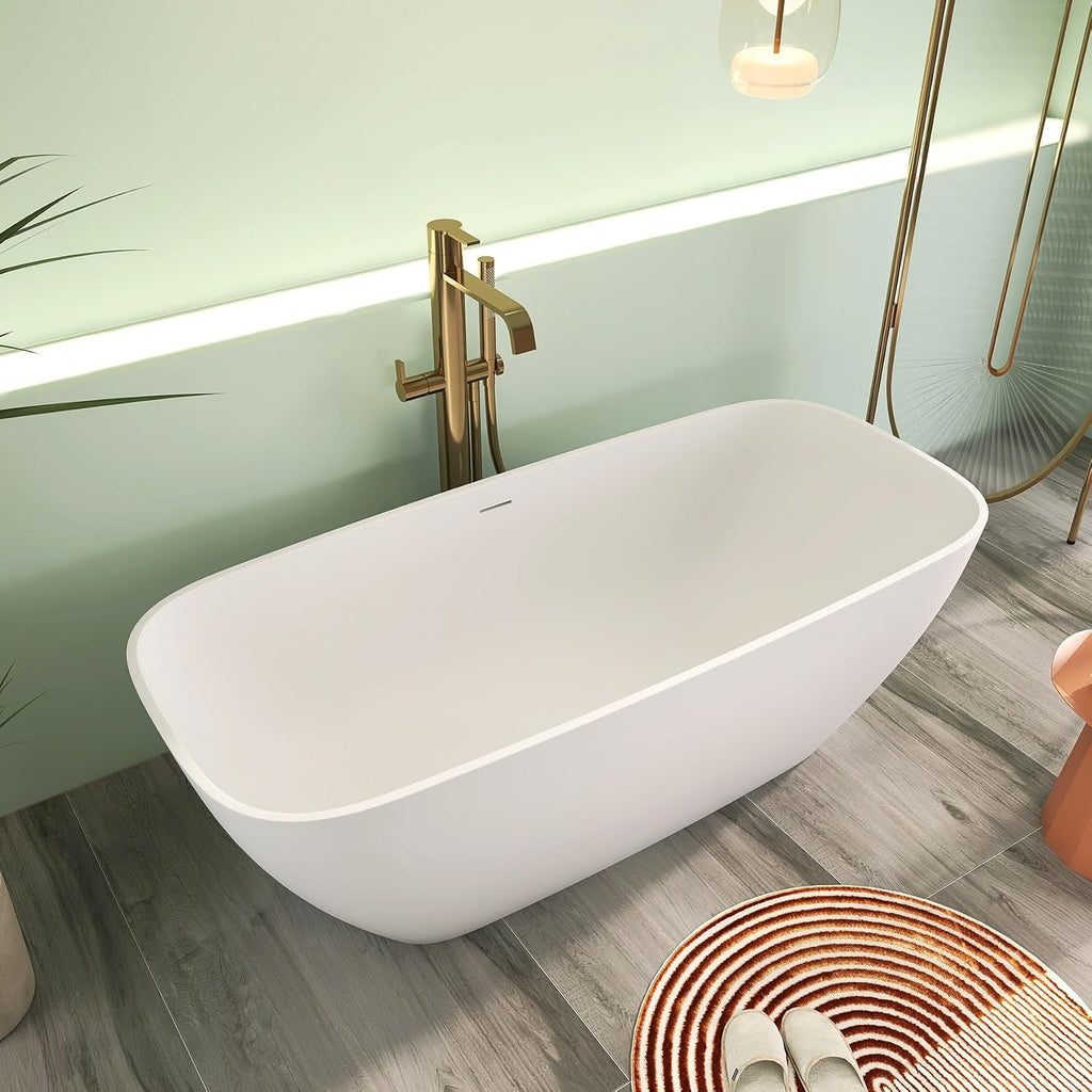 67' Premium Solid Surface Freestanding Bathtub, Upgraded Modern Design Stand Alone Tub with Overflow and Pop-up Drain, Matte White