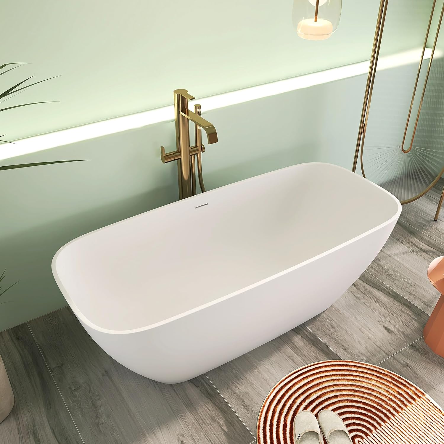 67' Premium Solid Surface Freestanding Bathtub, Upgraded Modern Design Stand Alone Tub with Overflow and Pop-up Drain, Matte White