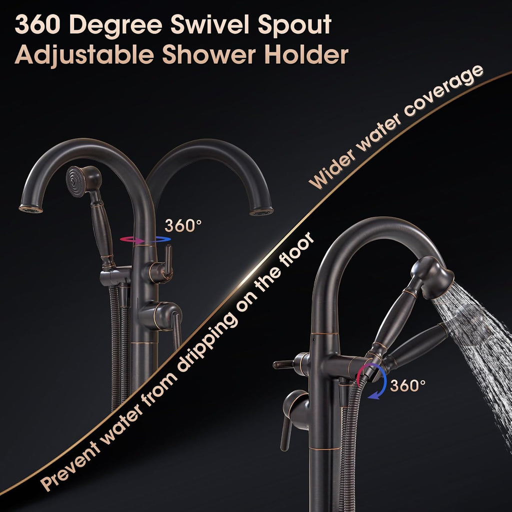Freestanding Tub Faucets Bathroom Floor Mounted Waterfall Tub Filler Brass High Flow Swivel Spout&Hand Shower Oil Rubbed Bronze