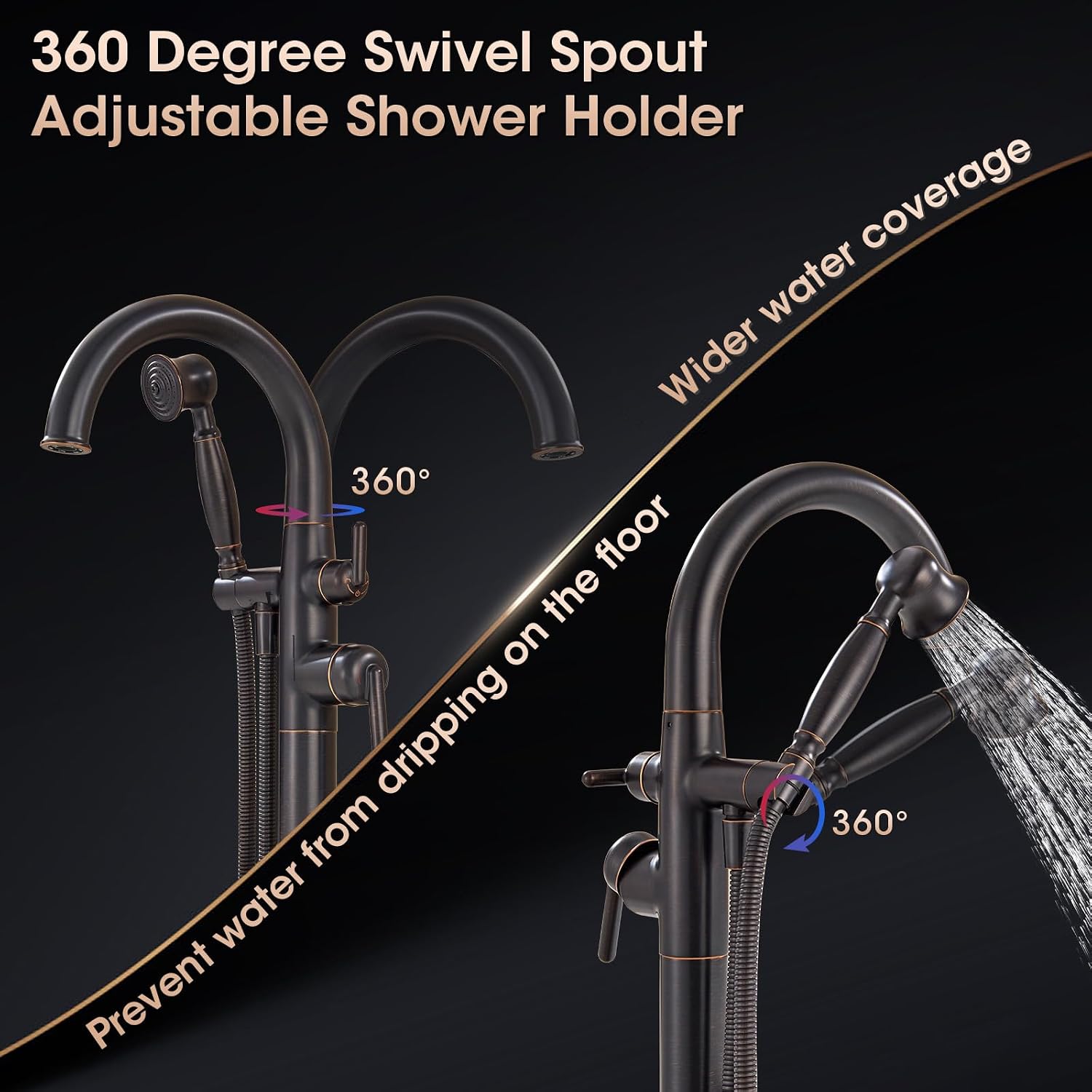 Freestanding Tub Faucets Bathroom Floor Mounted Waterfall Tub Filler Brass High Flow Swivel Spout&Hand Shower Oil Rubbed Bronze