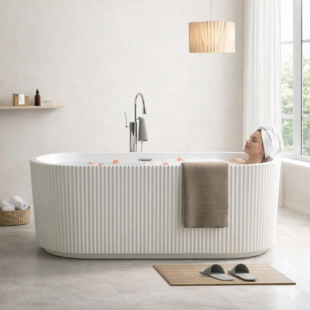 59' Acrylic Freestanding Soaking Bathtub, Deep Ergonomic Design with Lumbar Support, Integrated Overflow Drain, Non-Slip Base,cUPC Certified Modern Bathroom Tub, Easy Installation for Bathroom