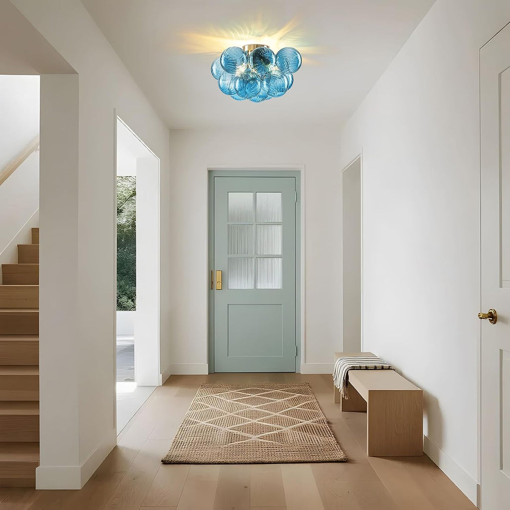 GoYeel Flush Mount Chandelier Gold, Kitchen Lights Ceiling Modern Glass Bubble Light Chandeliers 18.5' with 13 Swirled Blue Globe for Dining Room Bathroom Entryway Bedroom