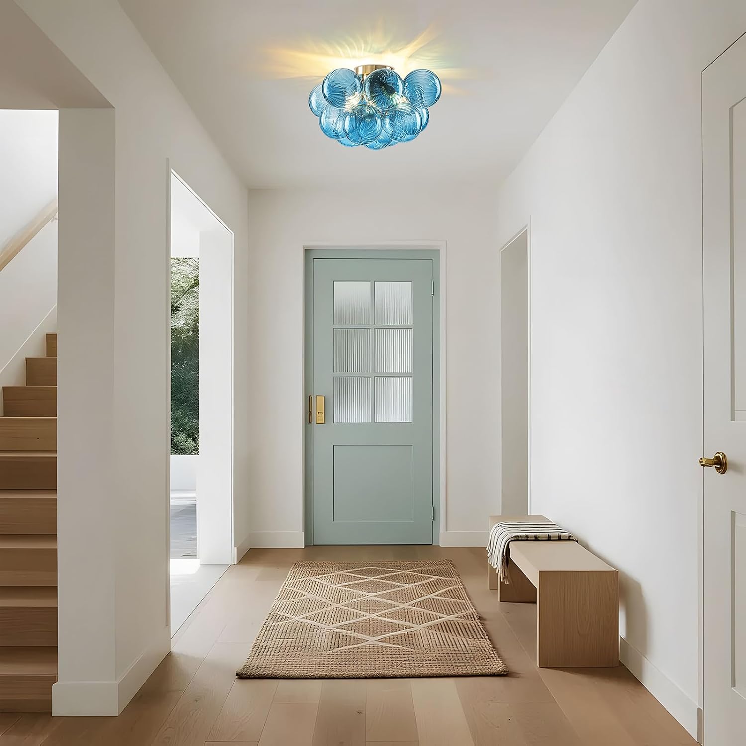 GoYeel Flush Mount Chandelier Gold, Kitchen Lights Ceiling Modern Glass Bubble Light Chandeliers 18.5' with 13 Swirled Blue Globe for Dining Room Bathroom Entryway Bedroom