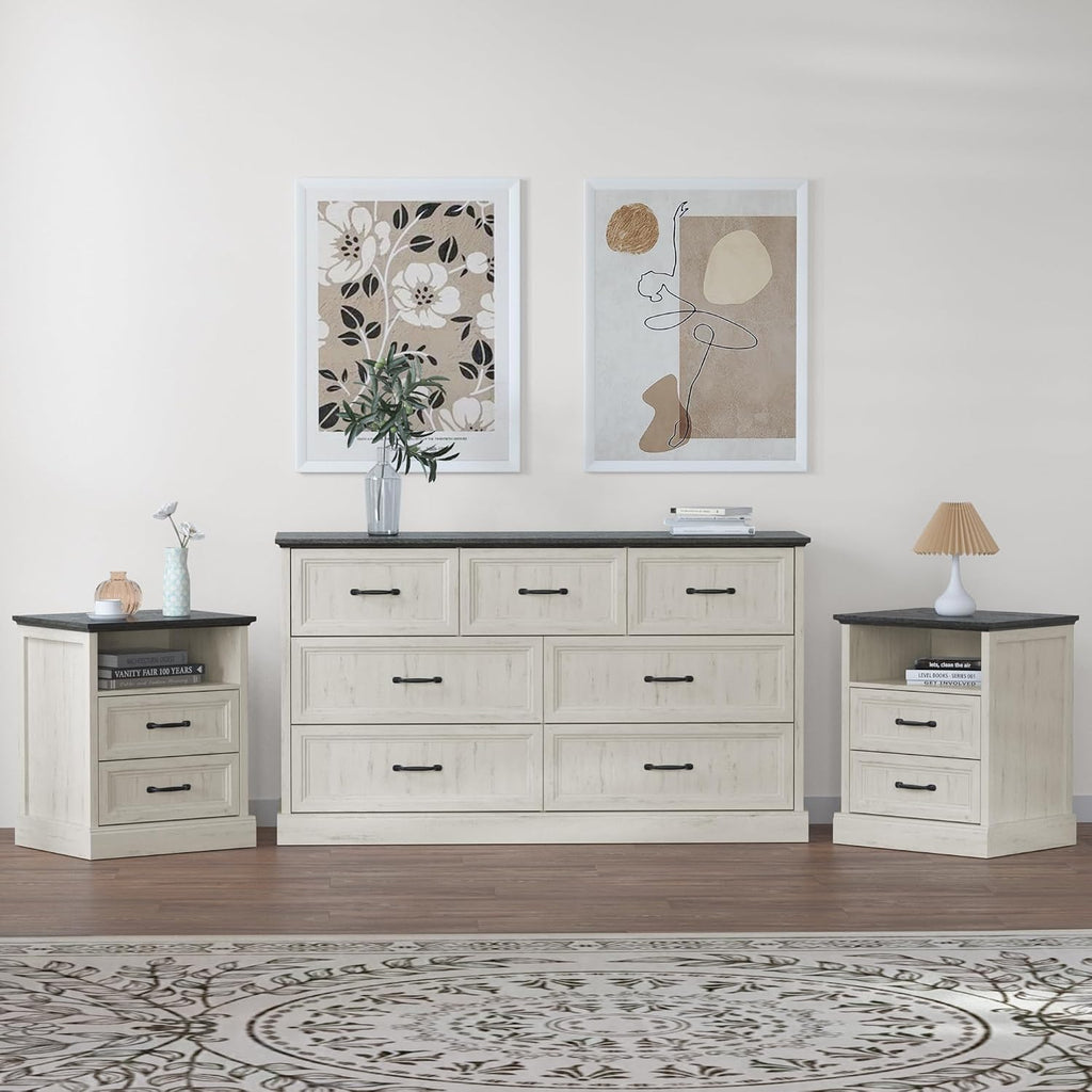 Tradare Farmhouse Dresser and Nightstand Sets 3 Piece, Nightstands Set of 2 & 6 Drawers Dresser for Bedroom, 55' Wide and 24' Inch Night Stand Set for Bedroom, Living Room, Hallway, Brown