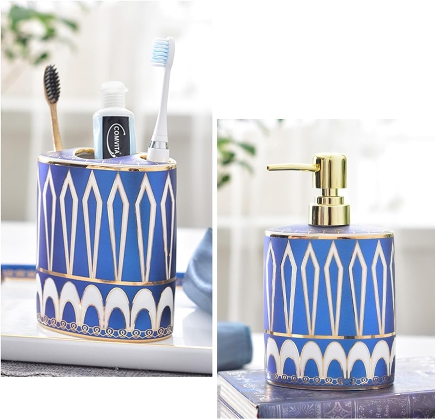 Ceramics Bathroom Accessories Set 6-Piece Soap Dispenser，Toothbrush Holder，Toothbrush Cup，Soap Dish，Tray Bathroom Accessory Sets Blue Bath Set