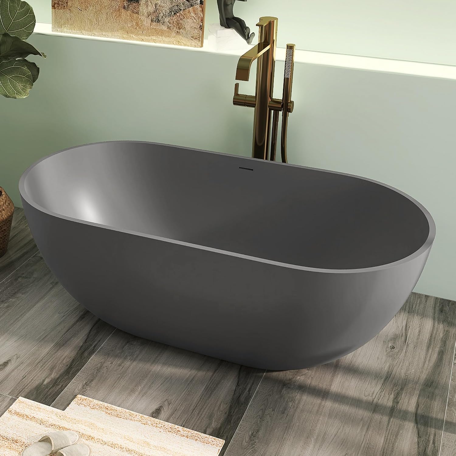 59' Premium Solid Surface Free Standing Bathtub, Oval Stone Resin Tub with Overflow and Pop-up Drain, Matte Dark Grey
