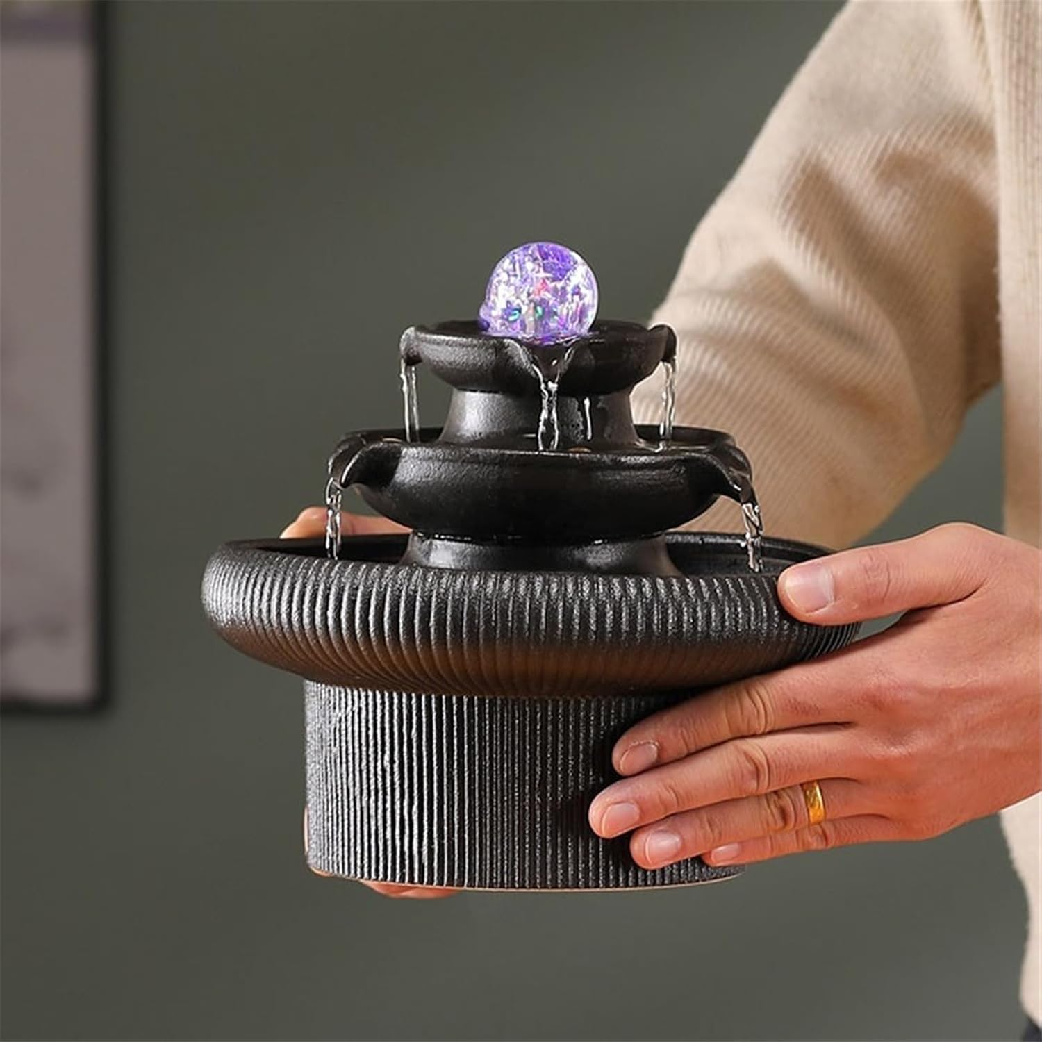 Tabletop Indoor Fountain Tabletop Fengshui Waterfall Office LED Lights Rolling Ball Decor