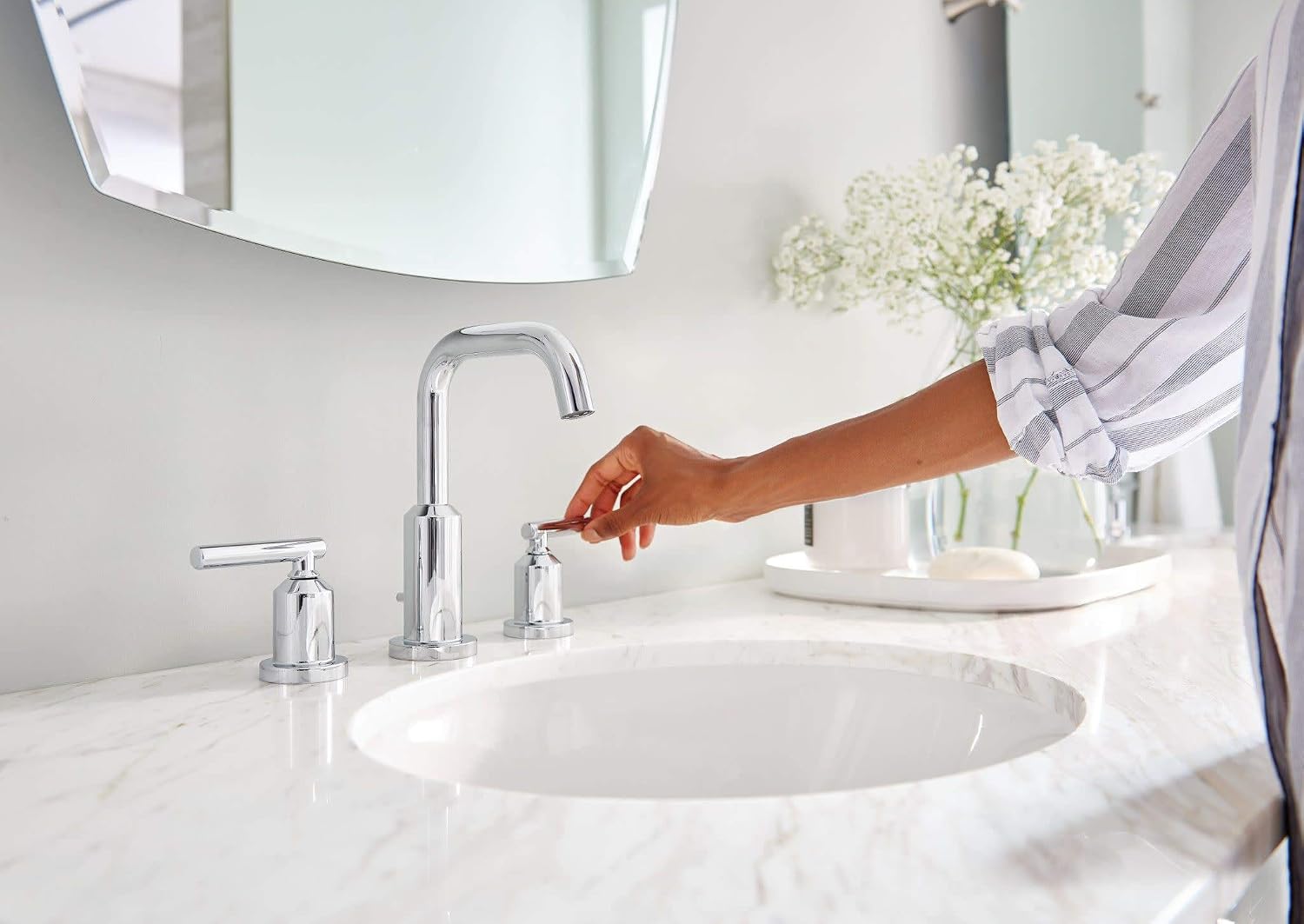Moen Gibson Two-Handle High Arc Widespread Modern Bathroom Sink Faucet for 3-Hole Setups with Valve Included, Chrome, TV6142