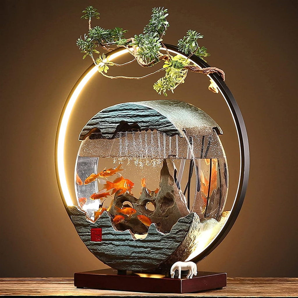 WASHLA Creative Tabletop Fountain with LED Light Ring, Warm Light That is Not Dazzling, and a Glass Fish Tank, Suitable for Multiple Scenes