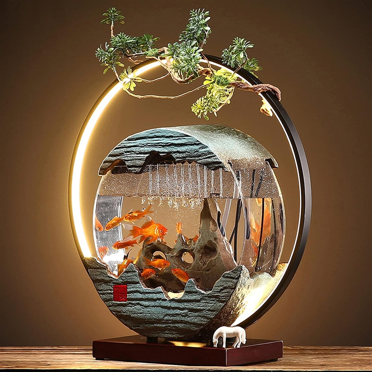 WASHLA Creative Tabletop Fountain with LED Light Ring, Warm Light That is Not Dazzling, and a Glass Fish Tank, Suitable for Multiple Scenes
