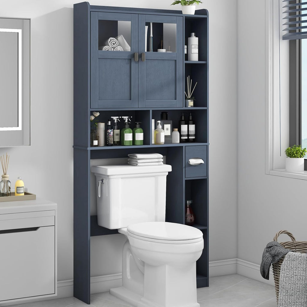 Vabches Over The Toilet Storage Cabinet, Bathroom Shelf Over Toilet with Glass Doors and Adjustable Shelves, Navy Blue Freestanding Home Space Save Toilet Rack, for Restroom, Bathroom, Laundry