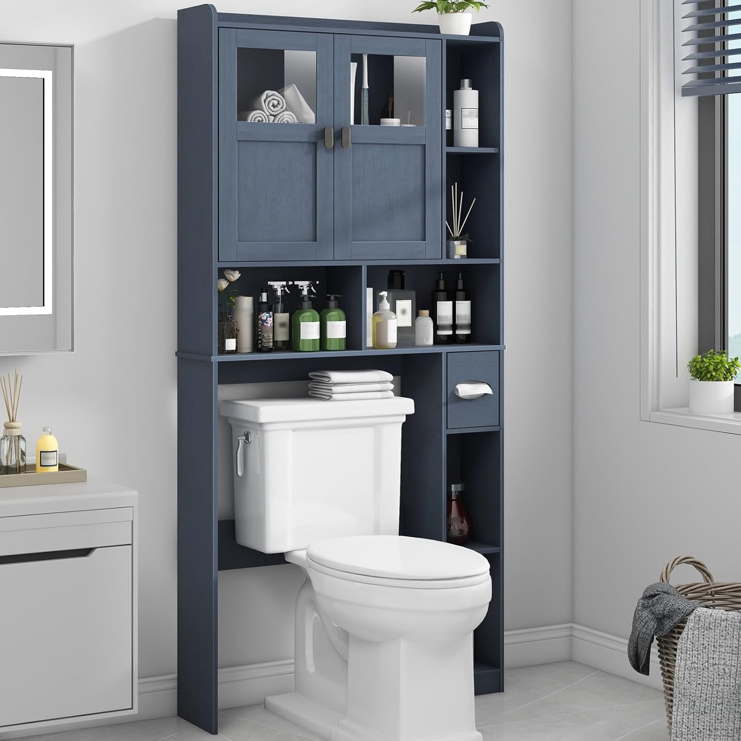 Vabches Over The Toilet Storage Cabinet, Bathroom Shelf Over Toilet with Glass Doors and Adjustable Shelves, Navy Blue Freestanding Home Space Save Toilet Rack, for Restroom, Bathroom, Laundry
