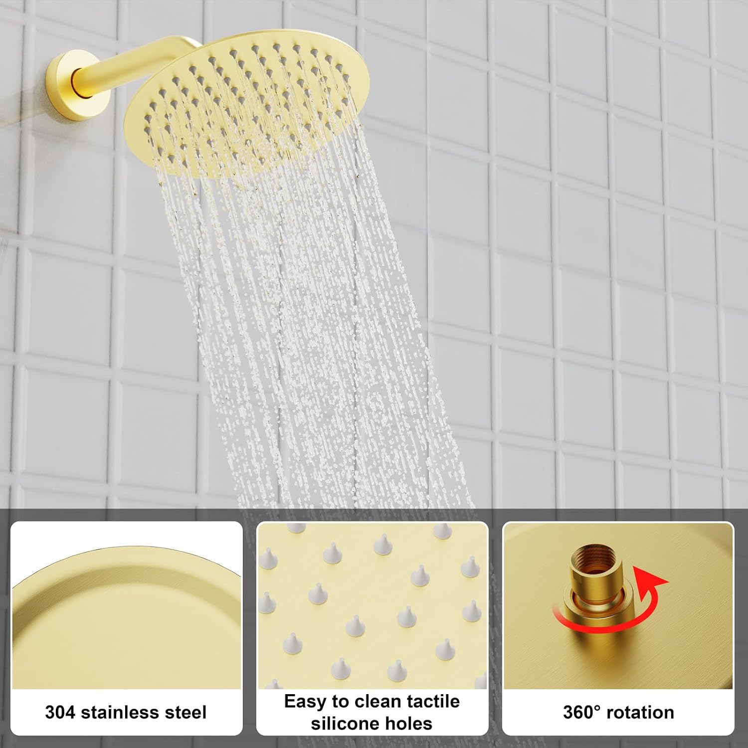 Shower Faucet Set Brass 8IN Rough-In Valve Body Trim Kit Rainfall Included Handle Accessories Complete 2 Functions with Rain Head and Handheld Bathroom Systems (8'', Brushed Gold)