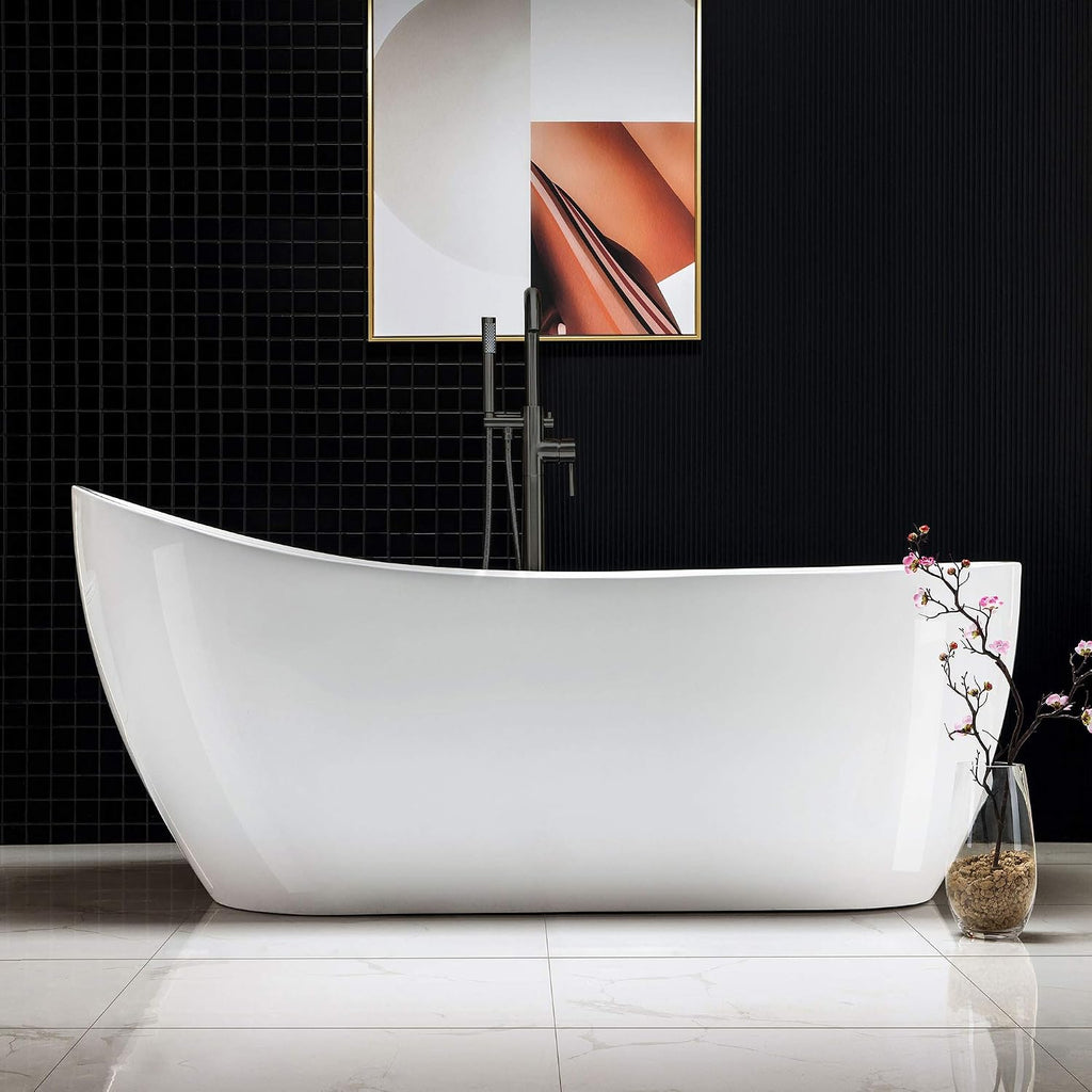 WOODBRIDGE 67' Acrylic Freestanding Bathtub Contemporary Soaking White Tub with Matte Black Overflow and Drain，B0001 -MB-Drain &O