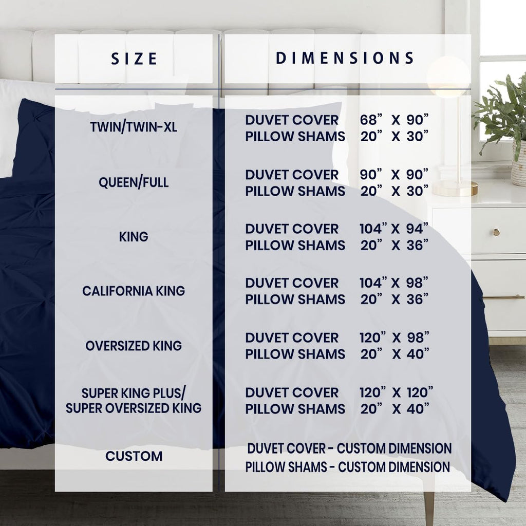 Kotton Culture 120'x 120' 3 Pc Super King Plus Pinch Pleated - Pintuck Duvet Cover Set - 100% Egyptian Cotton 600 TC - Zipper Closure & 7 Internal Ties- Fits Extra Large King Inserts - Navy Blue