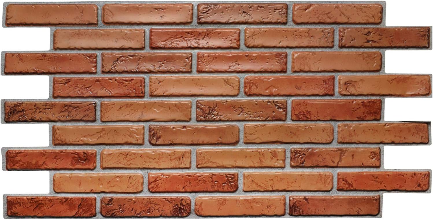 Dundee Deco PG7060-10 Dark Red Natural Faux Bricks PVC 3D Wall Panel, 3.2 ft X 1.7 ft (97 cm X 50cm), Interior Design Wall Paneling Decor, 5.44 sq. ft. (0.48sq. m) Each, Pack of 10