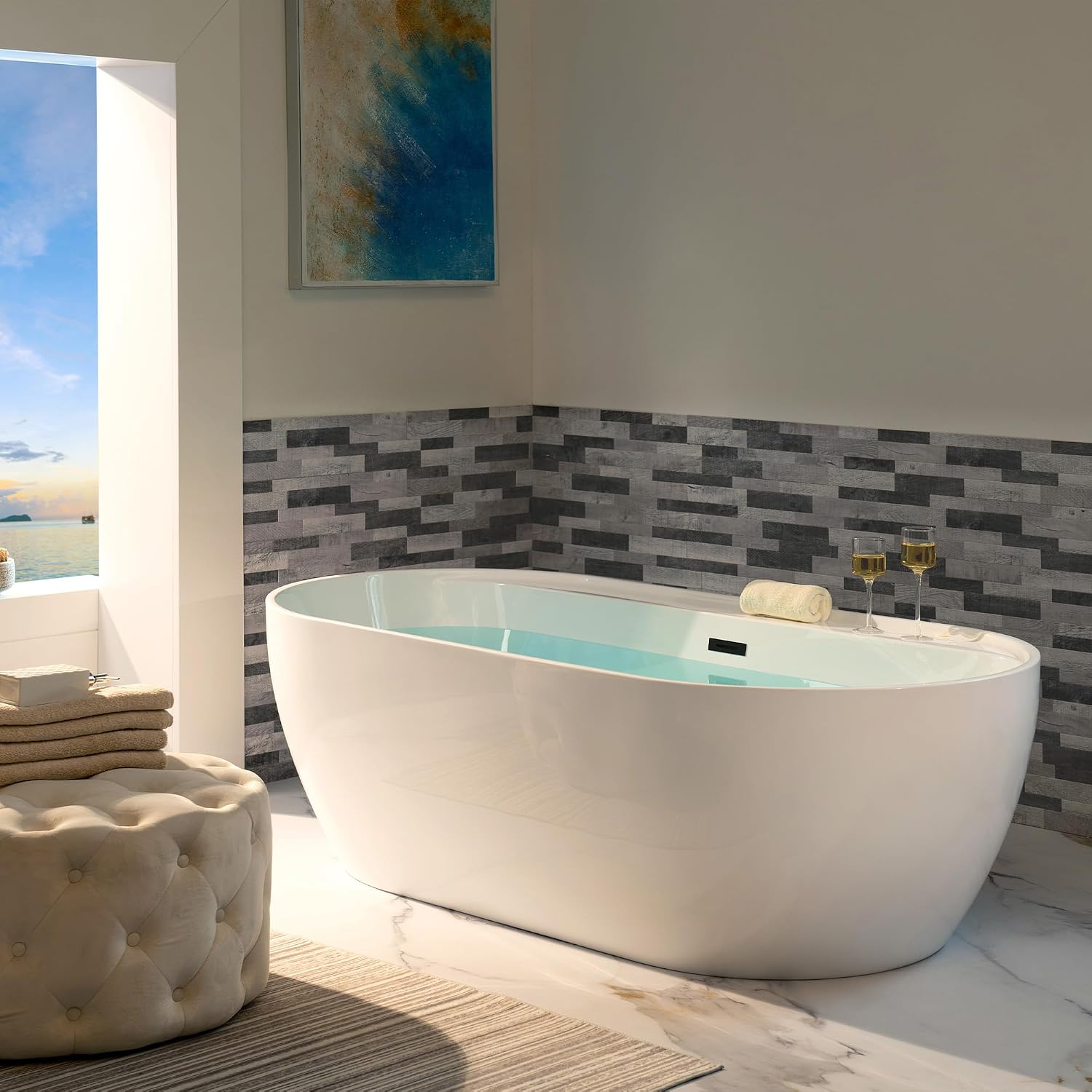 WOODBRIDGE 72' Acrylic Freestanding Bathtub Contemporary Soaking White Tub with Matte Black Overflow and Drain,B0059-MB